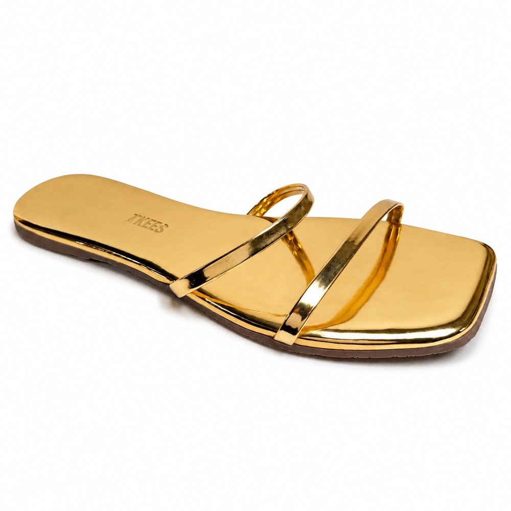 TKEES Size 9 Slide Sandals Gemma Gold Metallic Patent Leather Square Toe Flat